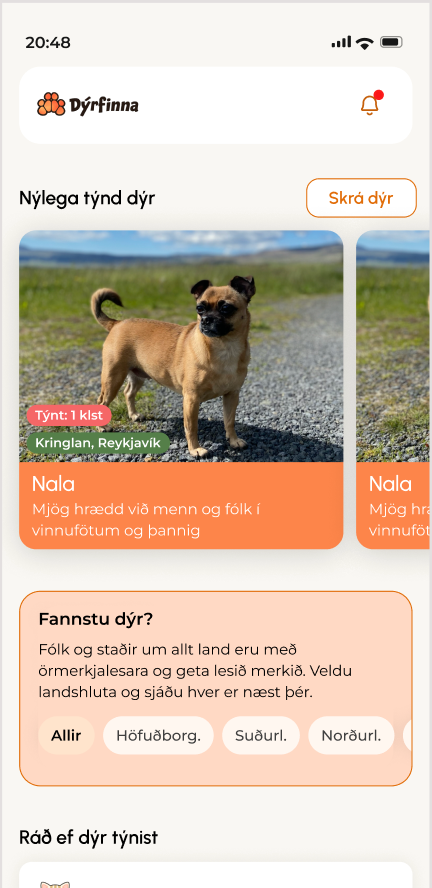 Forsíða appsins: nýlega týnd dýr og leit að örmerkjalesara eftir landshluta